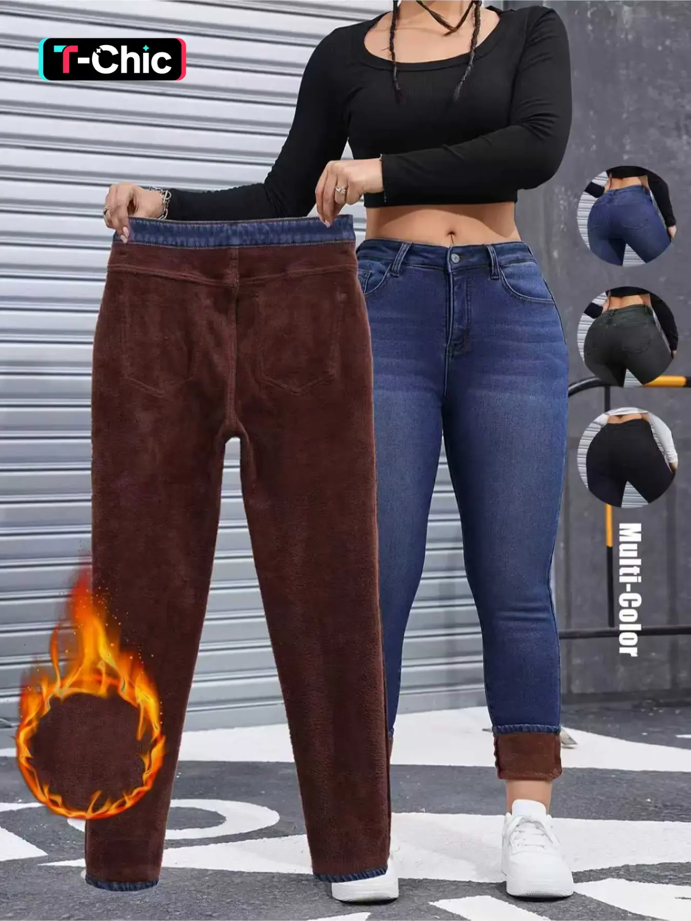 Women's Chic Fleece-Lined Thermal High Waist Jeans, Slim-Fit Woven Denim Pants for Fall & Winter, Chic Bottoms, Trouser
