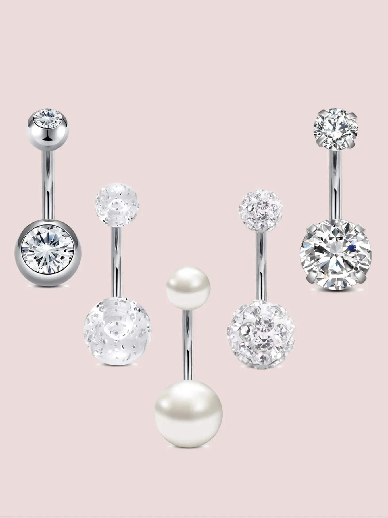 Stainless Steel Cz Belly Ring Set, Belly Button Piercing, Body Piercing Jewelry, Body Jewellery, 5 Counts Navel Piercing Jewelry, Elegant Design for Women and Girls, Perfect Gift for Holidays