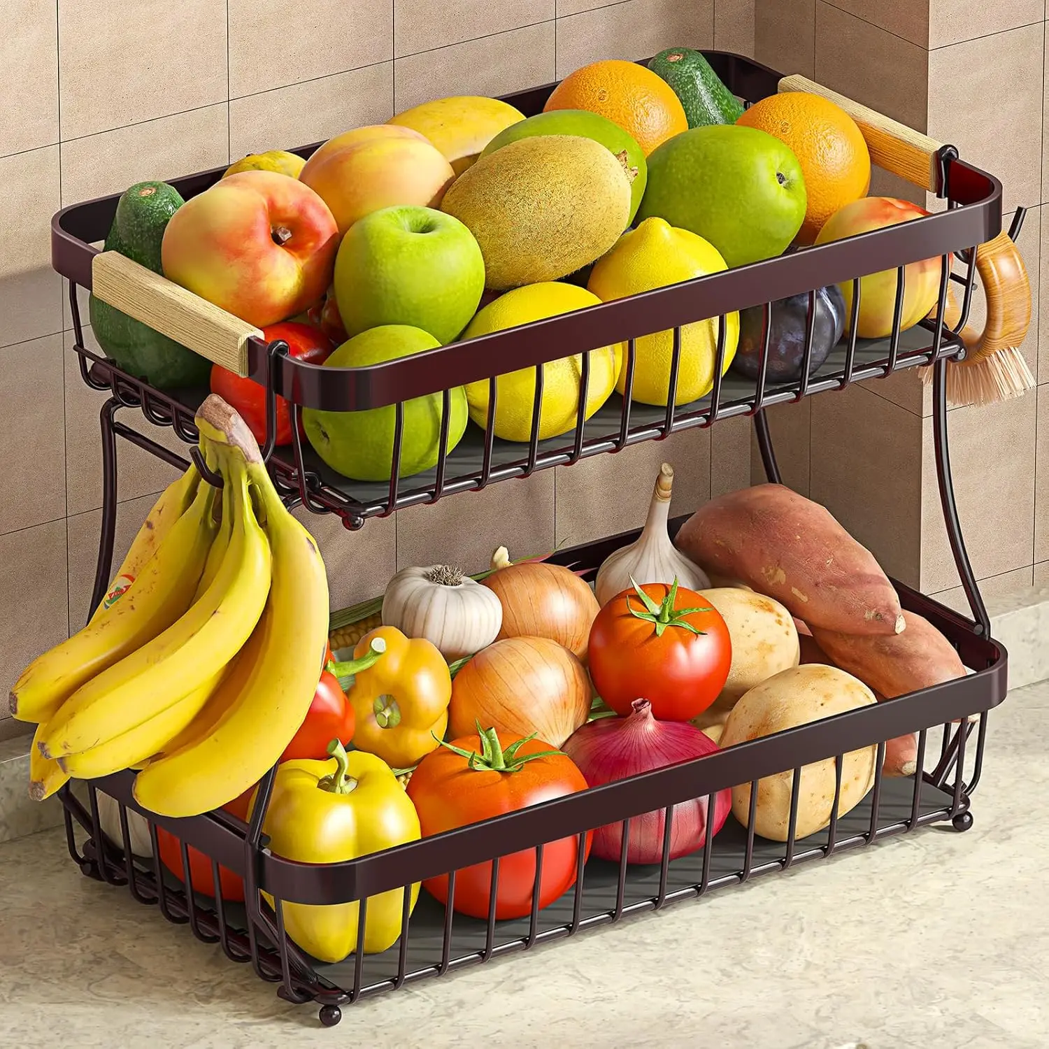 2 Tier Large Fruit Basket for Kitchen Counter with 2 Mobile Banana Hangers, 2026 Pro Detachable Metal Fruit Bowl with Wooden Handle (Brown, 2 Tier )