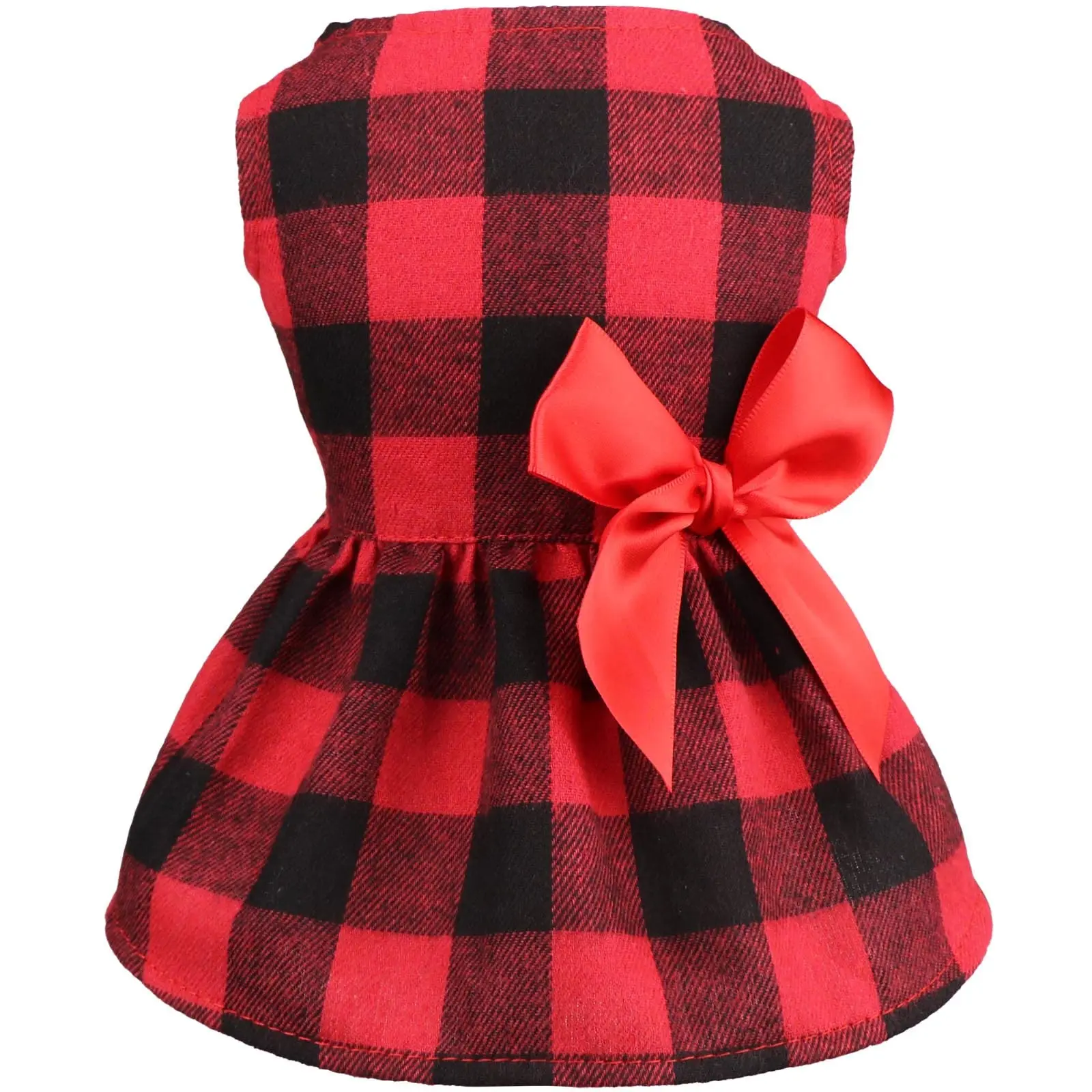 Buffalo Plaid Check Dog Dress, Cotton Fabric Bow-Tie Outfit for Holiday Look, Festive Photo Wear