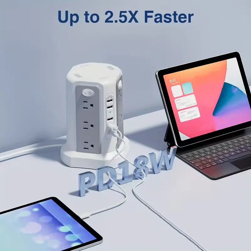 Power Strip Tower with 16 AC Outlets, 5 USB Ports & USB-C, Flat Plug Surge Protector Extension Cord for Home, Office & Dorm