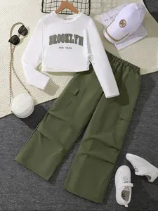 Girls' Letter Print Long Sleeve Top & Army Cargo Pants Set, Girl Clothes School, Casual Fall Winter, Fitted Woven Fabric, Daily Wear, Casual Outfit Set, Clothing Set