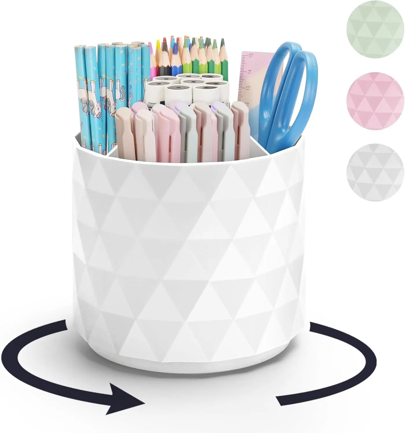 White Large PP Plastic 360-Rotating Desk Organizer - 5 Compartments, Smooth Edge, Sparkling-Style Pen Holder, Art Supplies Organizer with Versatile Functionality for Office Use