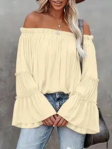 Fashion Plian Off-Shoulder Ruffled Long-Sleeve Blouse Shirts, Womenswear Curve Plus Size Loose Casual Tops Y2K Clothes Street Style Daily Date Wear Trendy Vacation Outfits Cute Party Wear