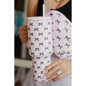 Black & Pink Mini Coquette Bows 38 Oz Tumbler w/ Handle