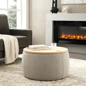 【Round Storage Ottoman】Fansace Round Storage Ottoman with Movable Wooden Lid, Storage Coffee Table, Modern Circle Foot Stool for Living Room, Bedroom, Apartment