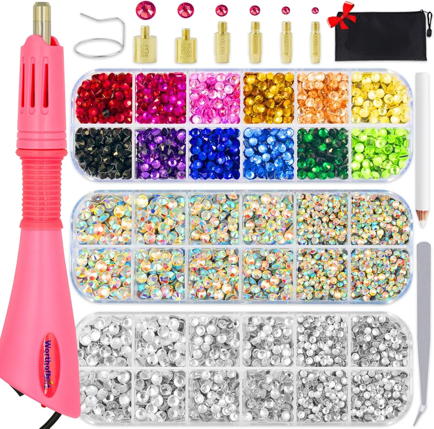 5000-Piece Hot Fix Rhinestone Setter Tool Kit – Applicator Wand with 3 Interchangeable Tips, AB Crystal Clear Gems for Fabric, Denim, Nail Art & DIY Crafts