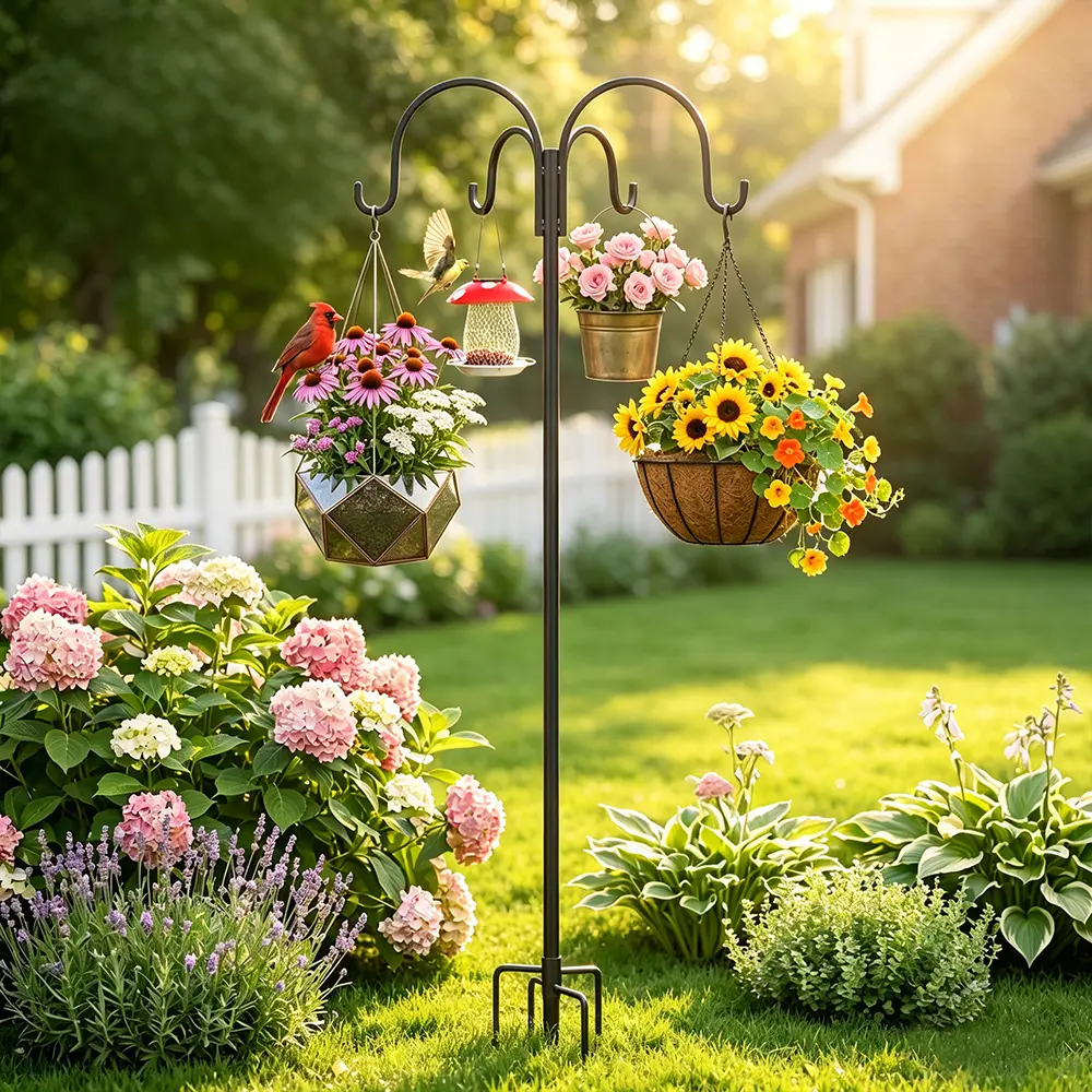 80-in Heavy Metal Garden Pole, 5-claw outdoor double shepherd's horn shaped adjustable hook for hanging bird feeder, plant basket, solar lamp, flower basket plant hook bracket, lantern hook, wedding decorations
