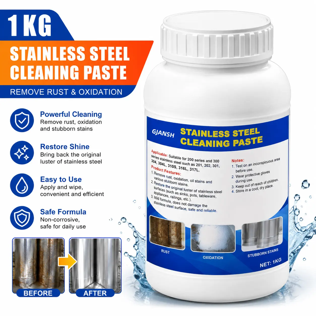GJANSH Stainless Steel Cleaning Paste – Rust Remover & Metal Polish for Stainless Steel Surfaces, Removes Oxidation, Water Stains & Surface Contaminants, Restores Shine for Sinks, Appliances, Railings & Equipment