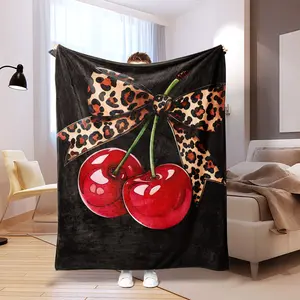 Leopard Cherry Pattern Fleece Blanket, Soft Skin-Friendly Warmth for Sofa Bed Office, All-Season Use, Low-Allergy and Gift, Leopard Print Blanket