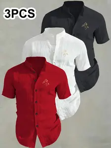 3-Pack Men's Summer Short Sleeve Shirts, Casual Printed, Print, Breathable Solid Collar Button-Up, Ideal for Beach Pool, Casual Swimwear, Perfect for Summer