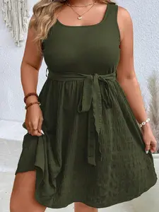 Plus Size Army Green Sleeveless U-Neck Tie Waist Patchwork Dress Casual Summer Holiday Outfits Boho A Line Flared Hem - Fabric