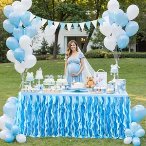 2-Pack Nylon Fluffy Tulle Curly Willow Table Skirt, 6/9ft Handmade Ruffle Tutu, Anti-Wrinkle Contemporary Party Decoration for Wedding, Birthday Events (White)