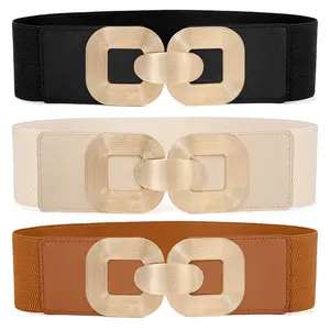 SUOSDEY Women Wide Elastic Waist Belt for Dresses Fashion Gold Buckle Stretchy Leather Waistband for Ladies