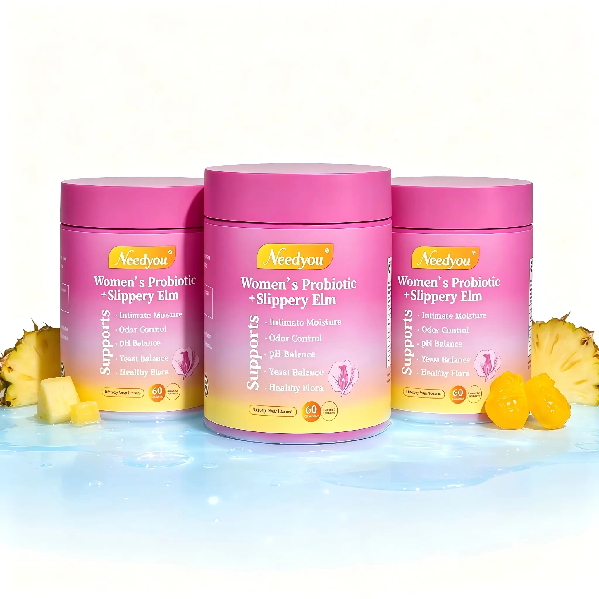 3XX Her Juicy Feminine Probiotics Gummies, Complete Intimate Wellness Blend Slippery Elm, Prebiotics & Lactobacillus for Women’s pH & Moisture Support, 60 Pineapple Gummies