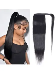 Straight Ponytail Extension Human Hair Wrap Around Magic Paste Ponytail Clip In Real Brazilian Virgin Human Hair pieces For Women Natural Color