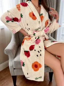 Women's Floral & Fruits Print Textured Pocket Flannel Bathrobe, Casual Aesthetic Longsleeves Shawl Collar Neckline Pastel Dressing Gown, Women's Sleepwear for Autumn & Winter, Womenswear, Homewear, Apricot Casual Soft Bathrobe, Loungewear Robe