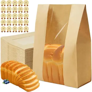 50 count Large Paper Bread Bags for Homemade Bread, 13.7 x 8.3 x 3.5 Inch Sourdough Bags with Clear Window, Brown  Bakery Bag for Storing Loaves & Snacks, Includes 50 Sealing Stickers