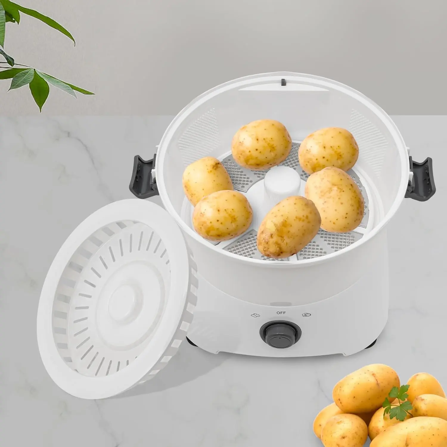 Electric Potato Peeler, Automatic Potato Peeler Commercial Vegetable Fruit Peeling Machine One-button Drive with Draining Basket, Portable Apple Peeler Spinner for Household Home Kitchen Utensils Basin Cover White