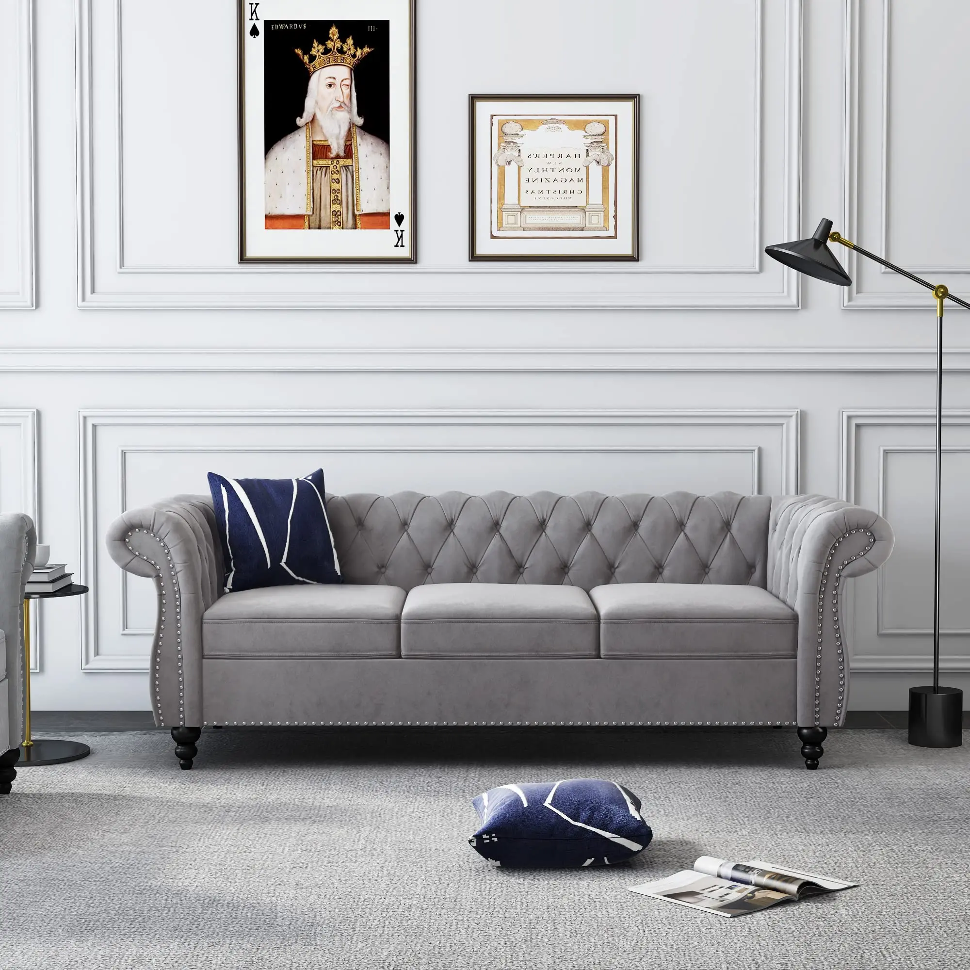 The Giratree Three-Seater Sofa—featuring rolled arms and studded trim—is an ideal choice for couples in living rooms, apartments, and home offices. Its sturdy frame, paired with soft cushions, offers exceptional support and durability.