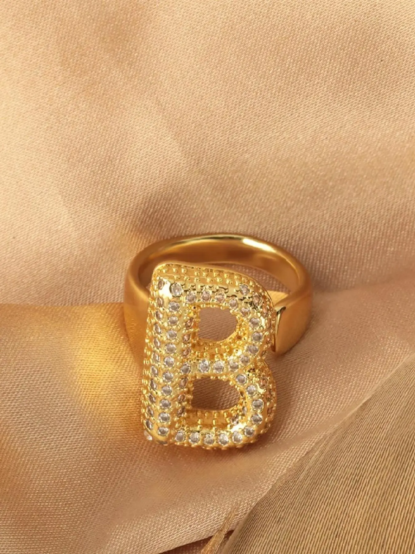 18K Gold Plated A-Z 26 Letters Alphabet Initial Copper Shiny Zircon Chunky Open Adjustable Rings Trendy Bubble Finger Chunky Statement Ring Alphabet Design Ring