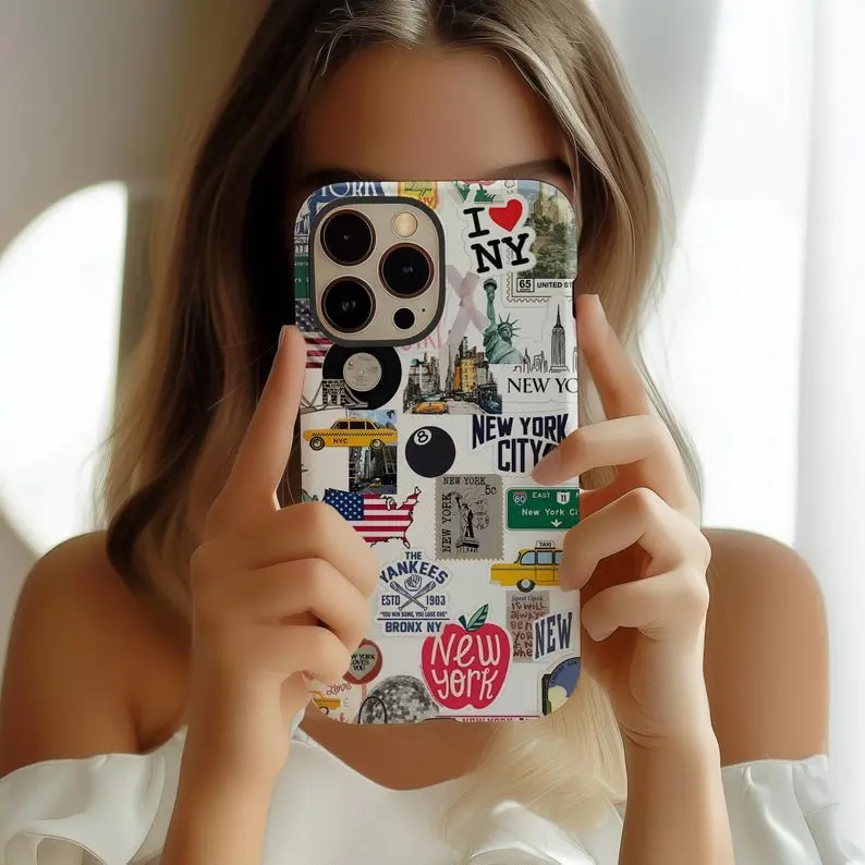 New York City Collage Tough Case for iPhone 16 15 14 13 12 Pro Max Iconic NYC Urban Pop Scrapbook Design Protective Cover Polycarbonate TPU 2D Design Impact Resistant Shock Dispersion