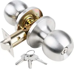 Stainless Steel Door Knob with Key for Bedroom Door Locks Secure Ball Handle Dual-Side Security Universal Fit Easy Install