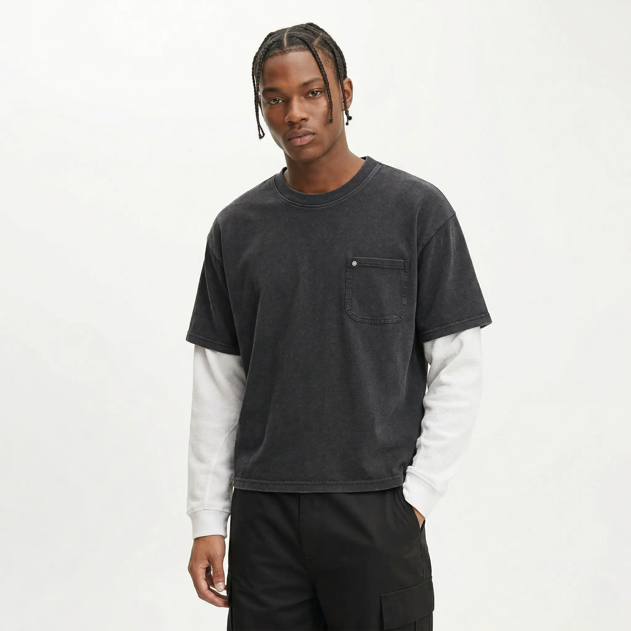 HL High Level Men's Aesthetic Streetwear T-Shirt - Double Layer Heavyweight Cotton Top with a Cropped Boxy Fit & Stonewashed Sleeves, Tshirt, Fashion, Long Sleeve, Baggy, Pocket, Tee, Button, Korean, True Boxy