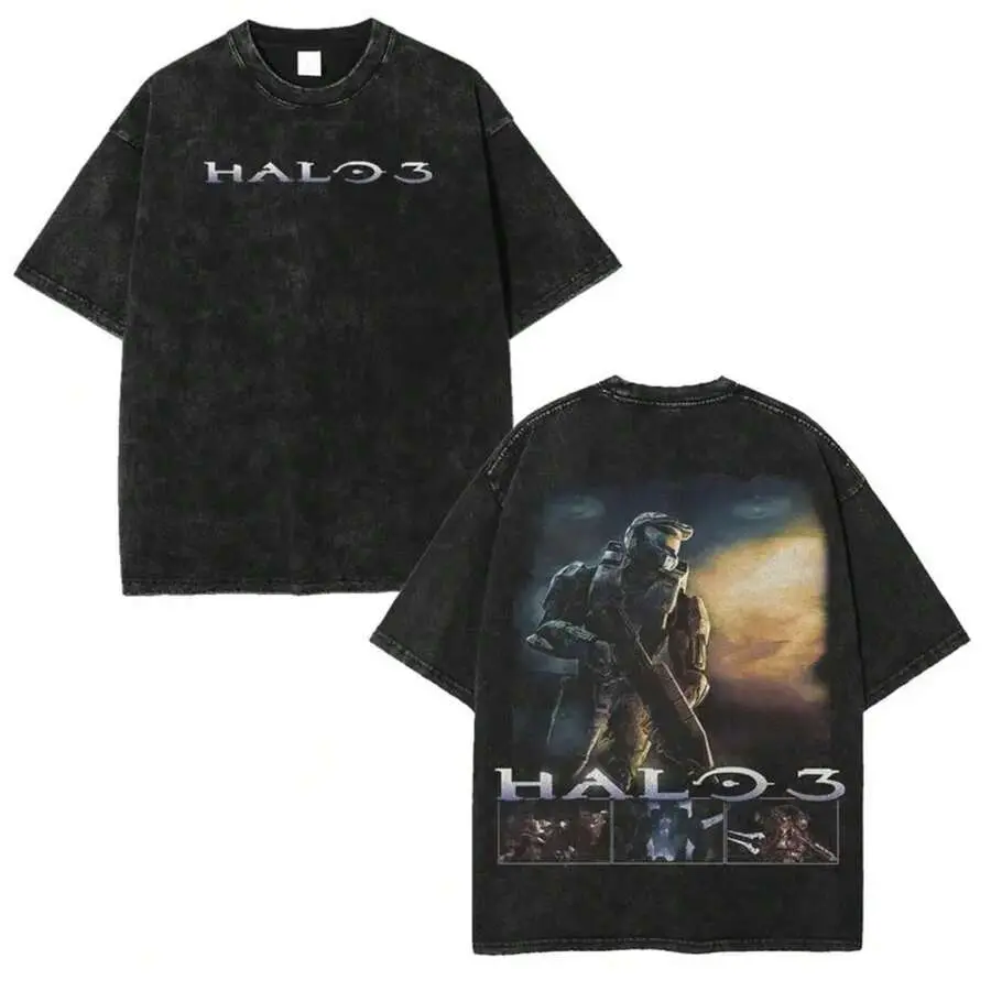Halo 3 Master Chief Unisex Oversized Vintage Washed Heavy Cotton Crew Neck Short Sleeve T-Shirt - Loose-Fitting, Double-Sided Graphic Print, Casual Streetwear, Daily Wear, Menswear Top, Ideal Gift for Halo Fans, 3XL, Oversized Fit, Round Neck