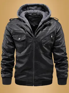 Men's Two-Piece Leather Motorcycle Jacket with Detachable Hat, Fashionable Durable Coat for Riders, Perfect for Fall & Winter Riding