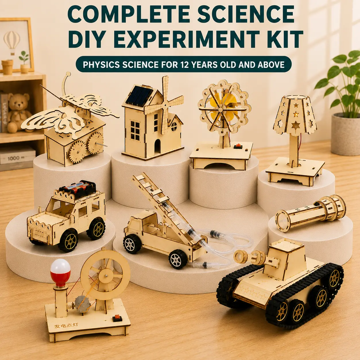 Wooden DIY Assembly Toy Kit | 3 Series Available: Vehicles, Light-Up Models & Home Decor Ornaments, STEM Physics Handcraft Building Set for Kids Ages 8+