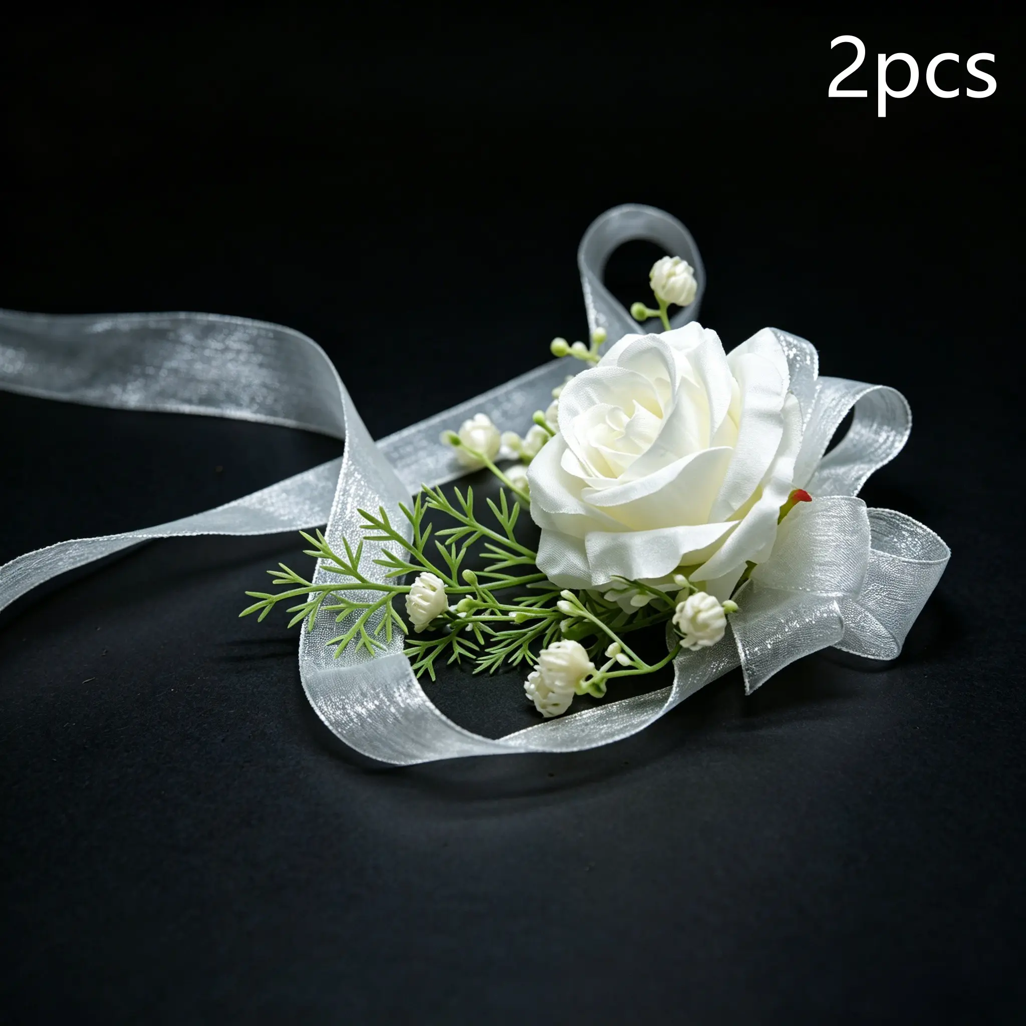 2Pcs Matching White Rose Wrist Corsage Set for Bride and Groom Artificial Hand Flower Wristband Wedding Prom Party Decor