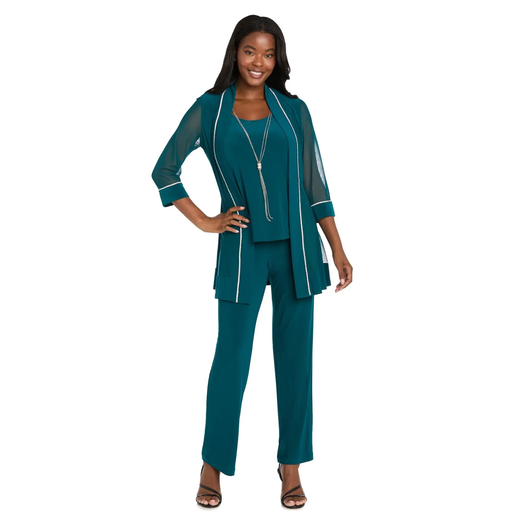Pantsuit with Illusion Sleeves and Rhinestone Trim