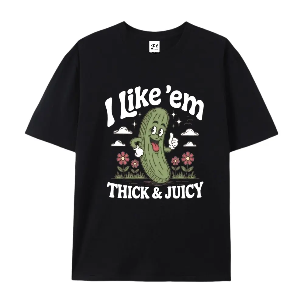 I Like 'Em Thick & Juicy Funny Pickle Graphic Oversized T-Shirt, Retro Cartoon Pickle Pun Tee, Comfort Casual Fashion Outfit, Perfect Gift for Pickle Lover Him Her Friend, Ideal Birthday Holiday Gift