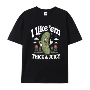 I Like 'Em Thick & Juicy Funny Pickle Graphic Oversized Cotton T-Shirt, Retro Cartoon Pickle Pun Tee, Comfort Casual Fashion Outfit, Perfect Gift for Pickle Lover Him Her Friend, Ideal Birthday Holiday Gift