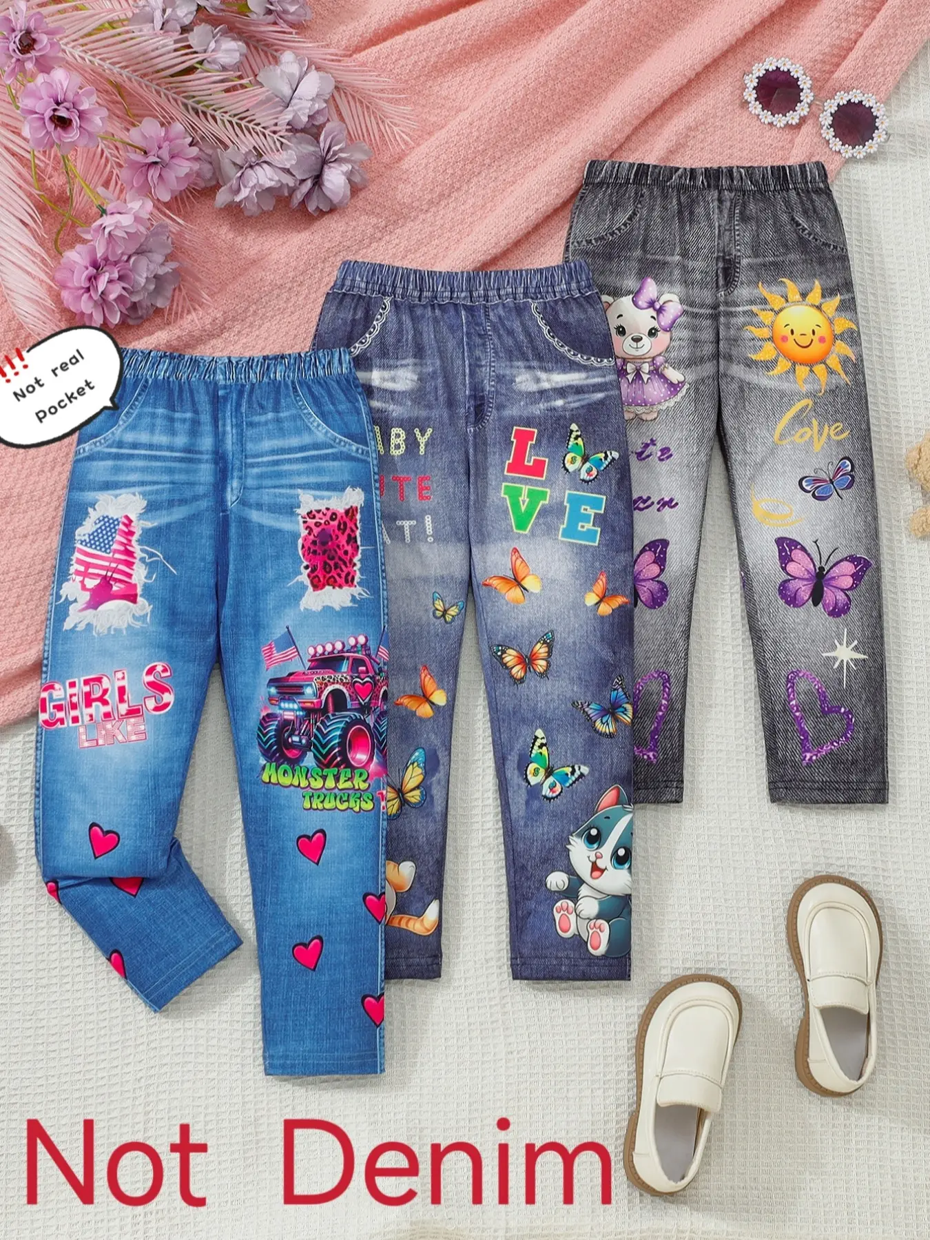 Girls' 3-Pack Stretchy Denim-Look Vibrant Pants: Patriotic Cars, Cute Cats, Butterfly Bears & Sun Prints! Easy Waistband, Outdoor & Bike Riding, Gift