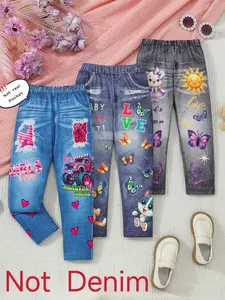 Girls' 3-Pack Stretchy Denim-Look Vibrant Pants: Patriotic Cars, Cute Cats, Butterfly Bears & Sun Prints! Easy Waistband, Outdoor & Bike Riding, Gift