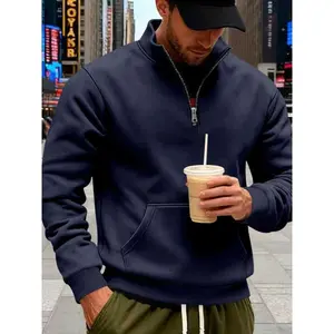 Men's Fall Winter Fleece Lined Hoodie, Loose Fit Vintage Casual Stand Collar Half Zip Commuter Pocket Sweatshirt