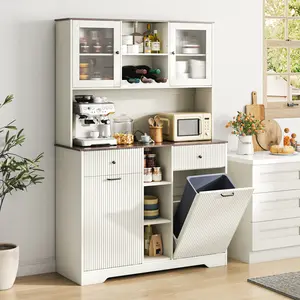 【2Packages Shipping】10×2 Gallon Double Tilt Out Garbage Can Hutch Cabinet with Two Drawers, 71'' Farmhouse Pantry Cabinet with Power Outlet, 47" Wide Pantry with Hidden Garbage Storage for Dining Room, White/Dark Brown