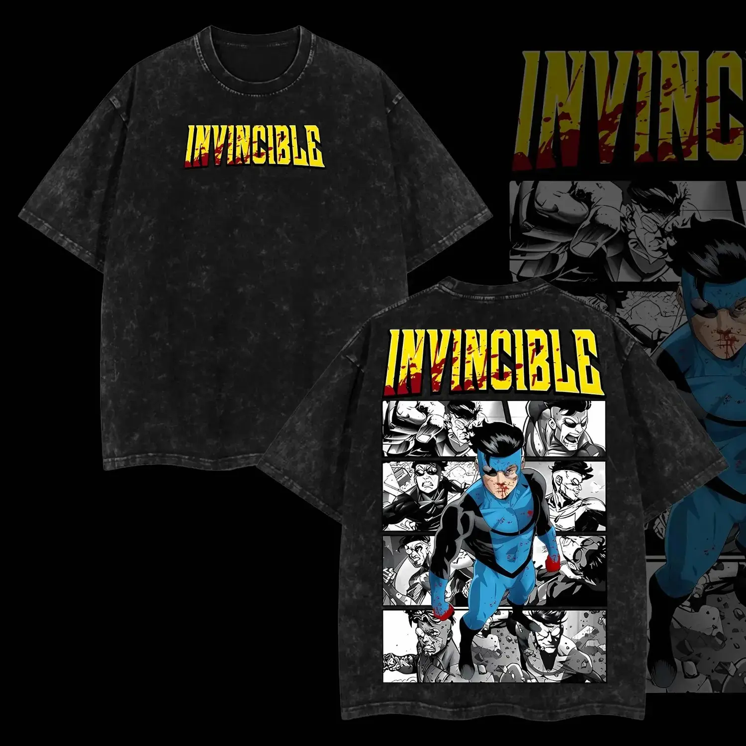 Men's Classic Ribbed Seamless Oversized Short-Sleeve Apparel - Superstyle Limited Edition Emperor Mark Grayson Invincible War Comic Double-Printed, Lightweight, Acid-Washed Graphic T-Shirt, 90s Casual American Gym & Streetwear Unisex Top, Shortsleeve