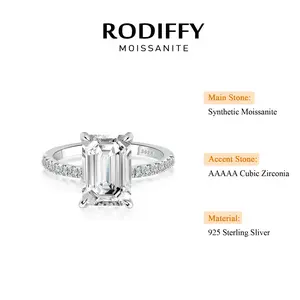 RODIFFY 3.5CT Synthetic Moissanite Rectangle Cut Engagement Ring In Sterling Silver