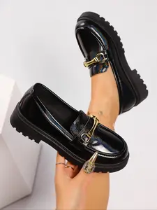 Women's PU Leather Loafers, Vintage British Style Thick Sole Casual Flats, Non-Slip Slip-On Rock Bottom Shoes, Comfortable & Fashionable