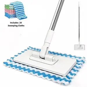 Mini Sweeper Mop Reusable Clamp Mop with Stainless Steel Handle 1 Second Installation Flat Dust Mops for House Wall Bathroom Windows Corners Includes 20 Sweeping Cloths