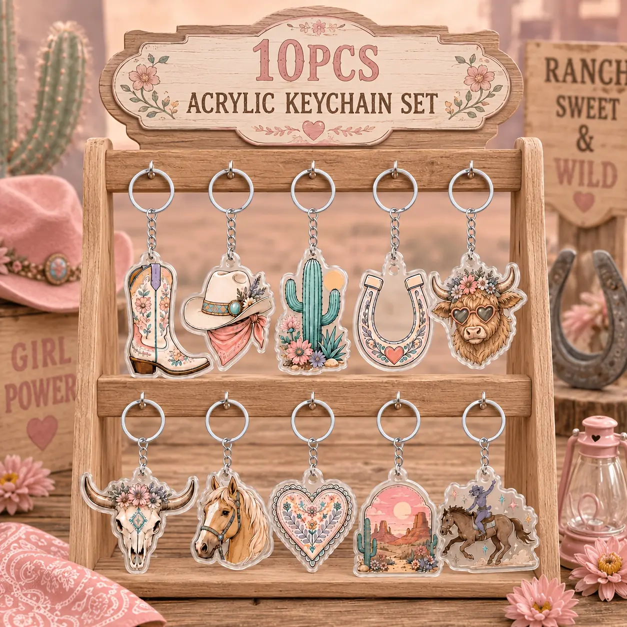 10PCS Western Cowboy Acrylic Keychains, Cowgirl Boots, Hat, Cactus & Horse Designs, 2D Flat Keyrings for Bags & Backpacks, Country Style Gifts