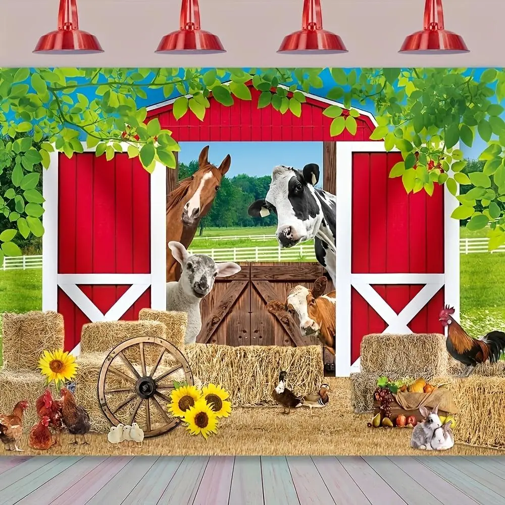 1PC Polyester 2D Flat Farm Animal Backdrop - Reusable Banner for Kids' Birthday Party Decorations, Country Barn Straw Themed Photography Background (Chicken, Rabbit, Cow, Horse, Sheep)