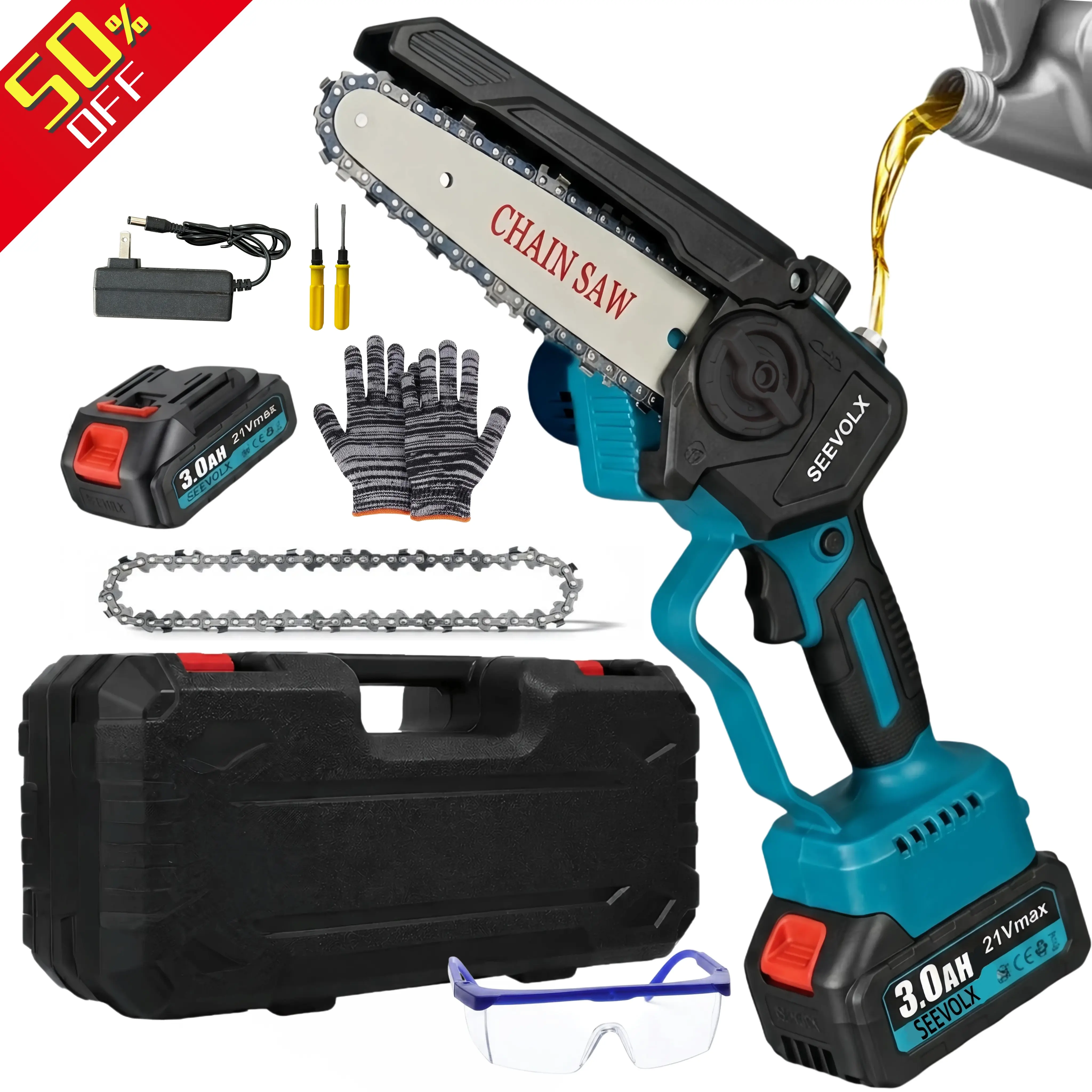 【Weekly Deals】SEEVOLX 6 Inch Brushless Mini Chainsaw, New for 2026, Cordless Battery Powered, Hand Held Saw with Automatic Oiling System,  Portable Cordless Electric Chain Saw for Wood/Trees Trimming, Gardening & Camping, Suitable for Seniors & Women tikt