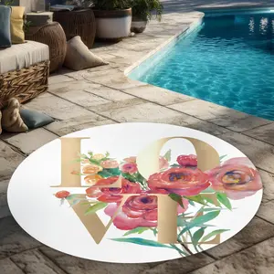 360 Stand Round Shape Outdoor Rug, 5x5 ft Love Gold Romantic Print Weatherproof Rug with Motivational Quote for Home Decor, Circular Area Rugs