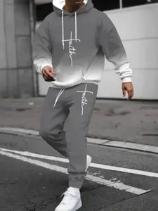 Digital Print Casual Knitted 2-Piece Set, Gradient Long Hoodie & Pants, Letter Print Knitwear, Regular Fit, Fall Winter Collection