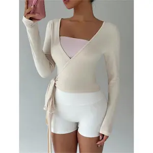 Women's Multicolor Yoga Fitness Front-Tie V-Neck Long Sleeve Cropped Tee, a minimalist and elegant essential for spring and autumn seasons.