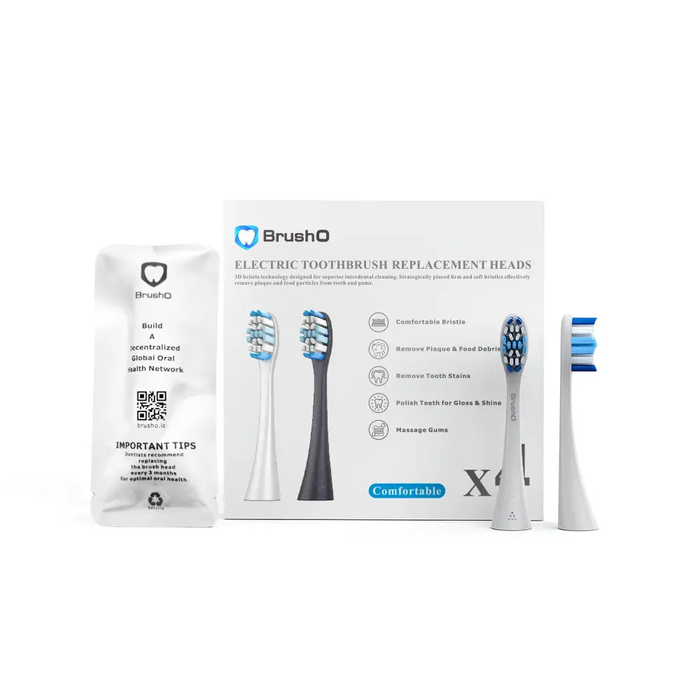 BrushO Smart Toothbrush Replacement Brush Heads – 4-pack: Ultra-thin W-shaped DuPont bristles, 90% rounded brush tip, food-grade safe material，Compatible all toothbrush handles in store